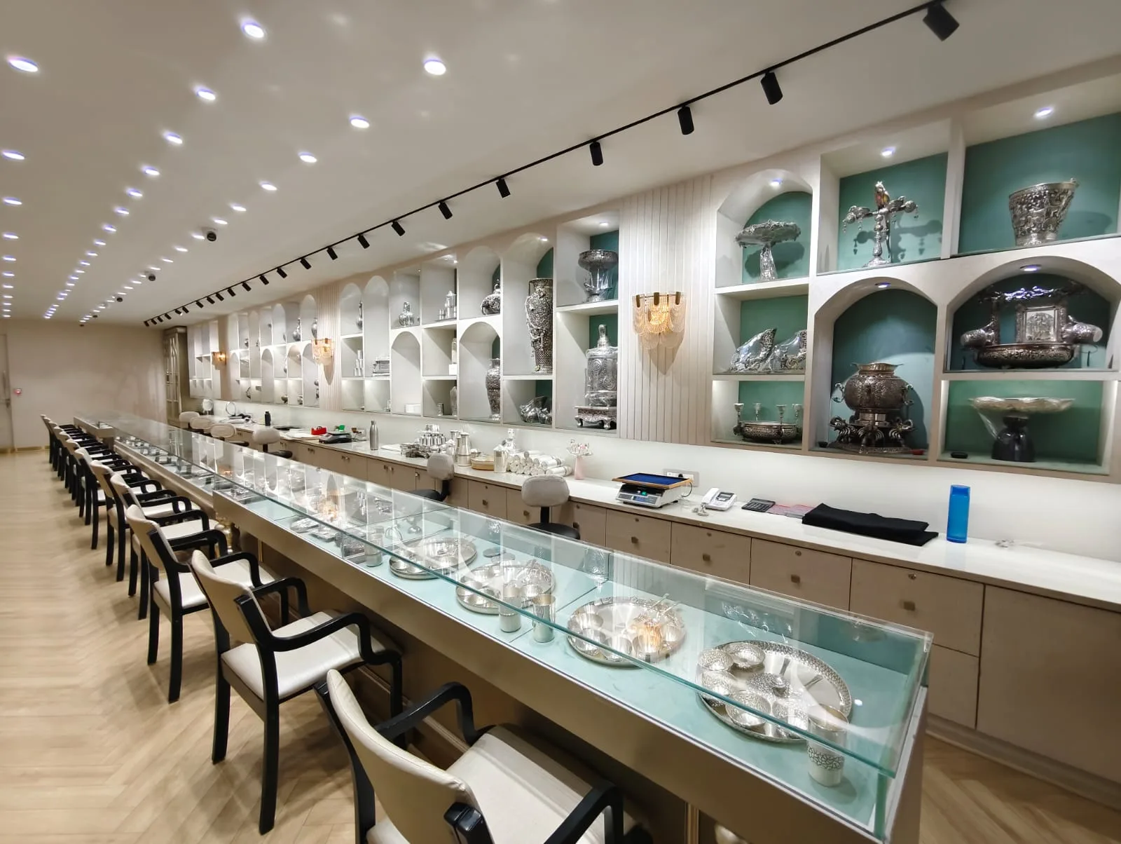 The main silver display counter at Dharam Jewellers